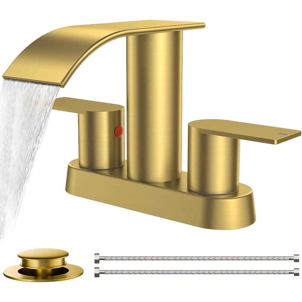 FORIOUS Brushed Gold Bathroom Sink Faucet, Waterfall 4 Inch Centerset Bathroom